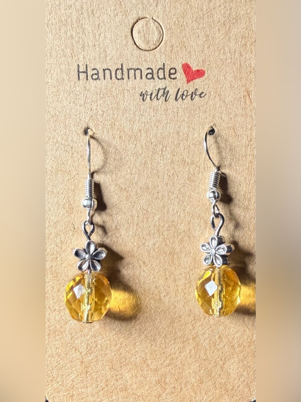 Yellow Handmade Crystal Drop Earrings with Silver Flower Accent